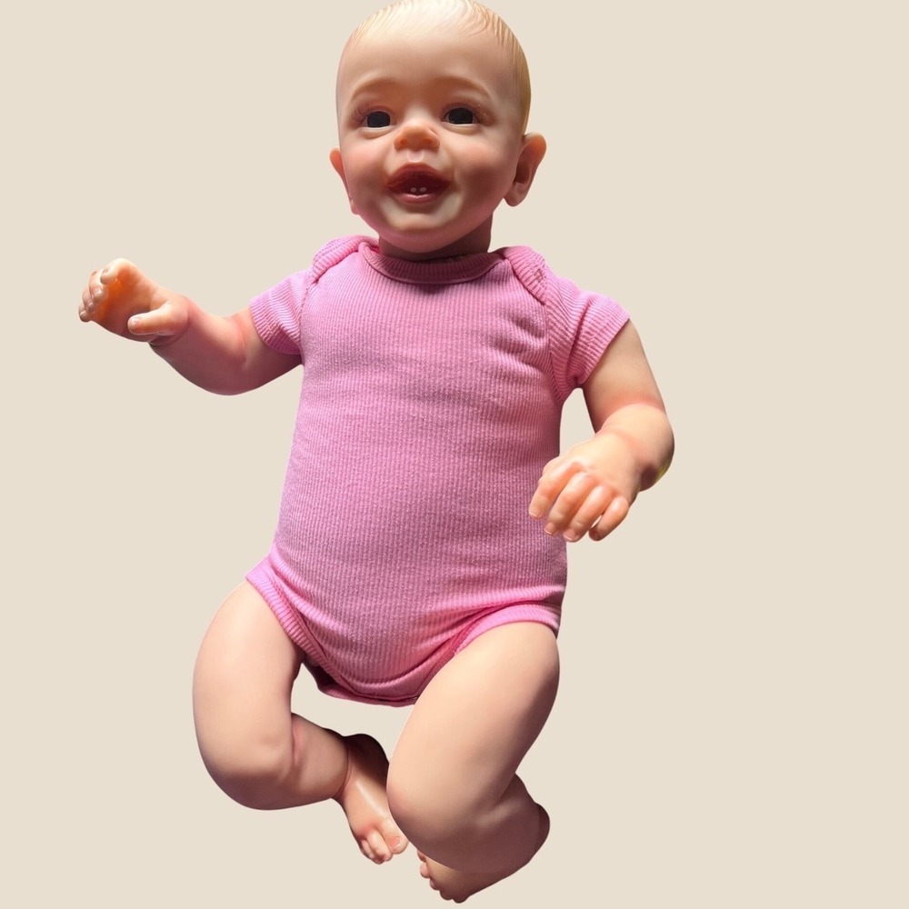 Realistic Reborn Baby Doll Lifelike Vinyl Girl Pink Bodysuit Brown Eyes 18 inch